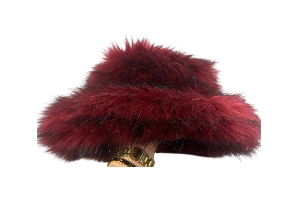 Urban Outfitters Bucket Hat Faux Fur Wine Red Fluffy Winter